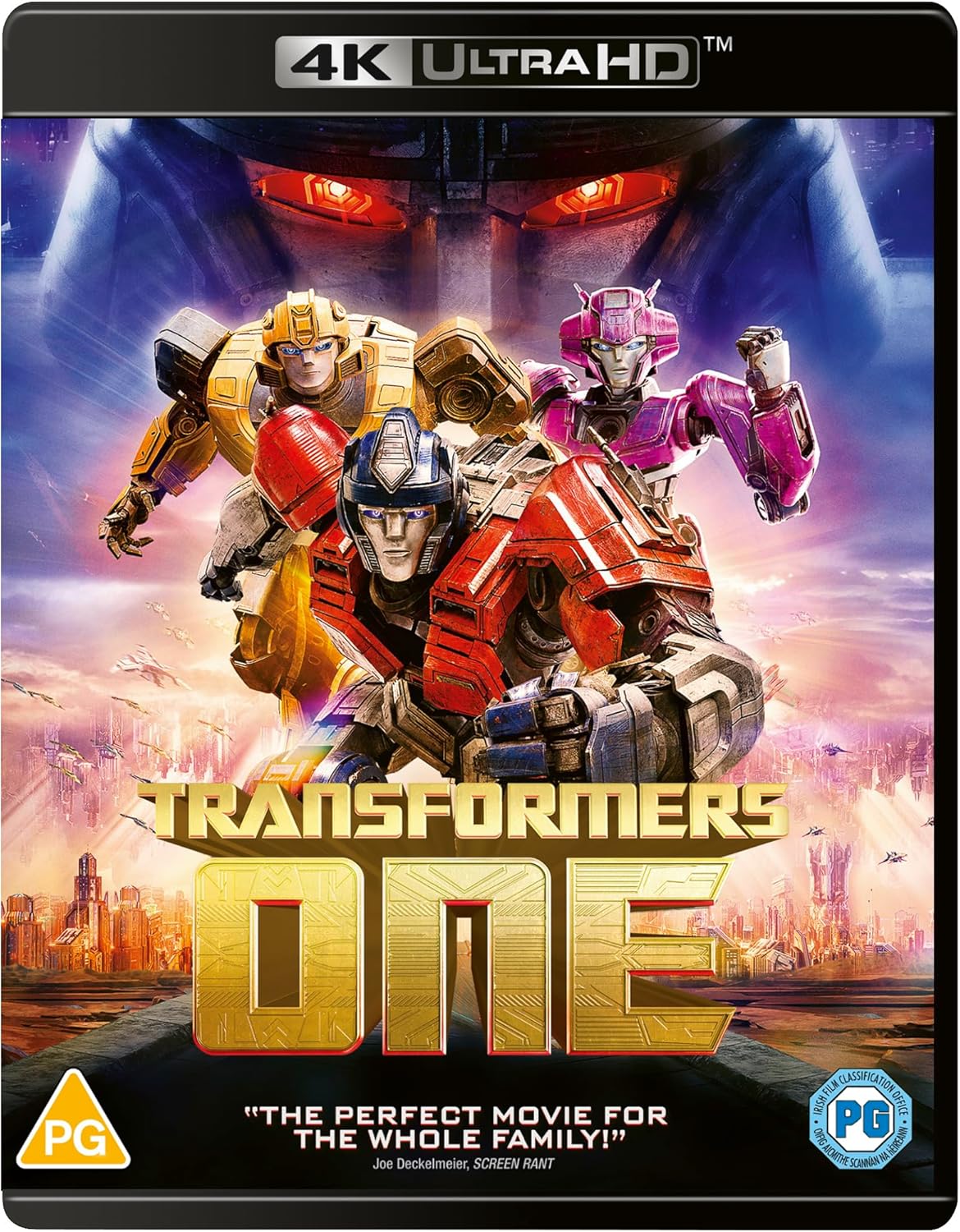 Transformers One 4K UHD Blu-ray cover featuring Optimus Prime and other Transformers characters with a cityscape background. The cover indicates it is suitable for the whole family with a PG rating and includes special features.