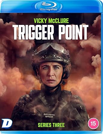 Blu-ray cover of 'Trigger Point' with a character in tactical gear against a clouded sky.