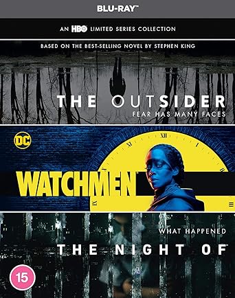 Blu-ray collection cover featuring 'The Outsider', 'Watchmen', and 'The Night of' with dark forest and clock imagery.