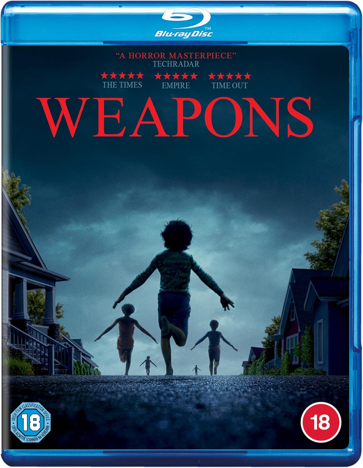 Blu-ray cover of 'Weapons' with a child running away from a house under a stormy sky.