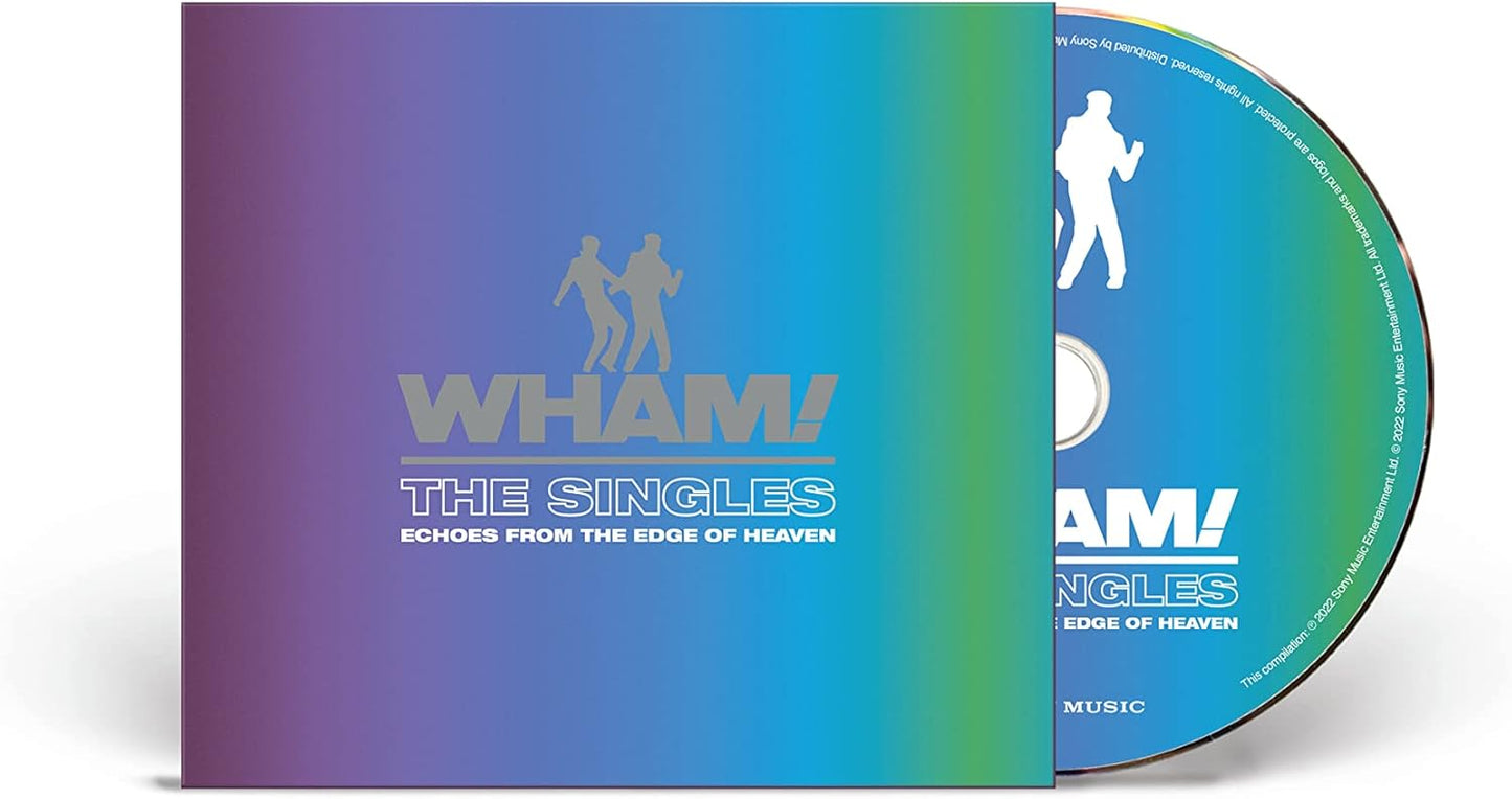 A CD of Wham! The Singles: Echoes From the Edge of Heaven with a colorful cover showing the band's logo and a silhouette of a person dancing.
