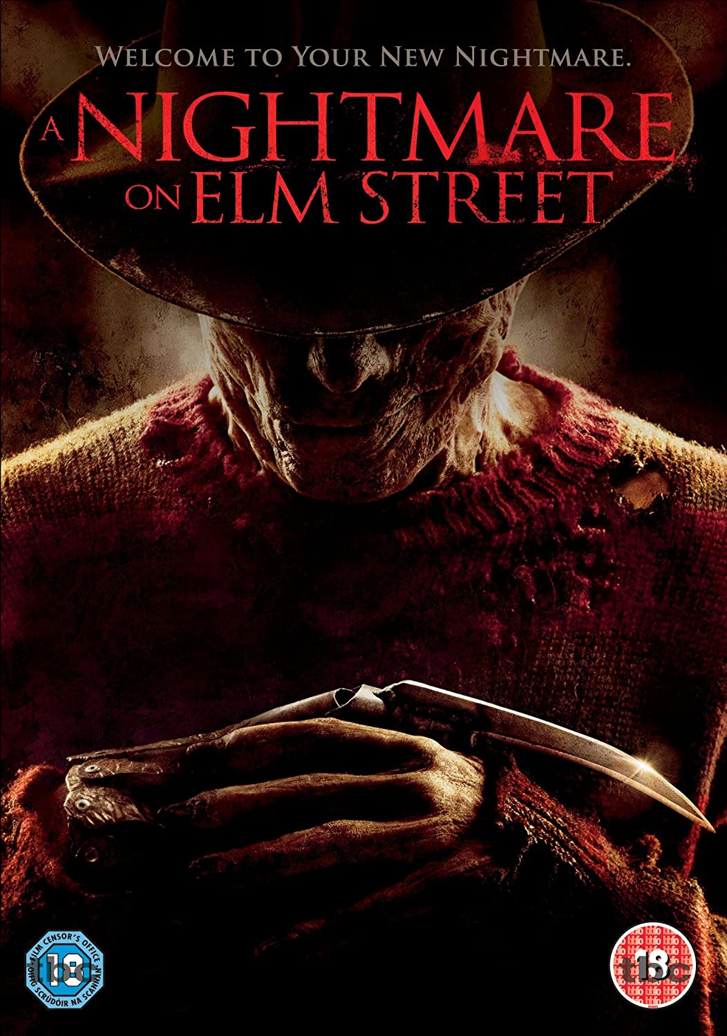 DVD cover for 'A Nightmare On Elm Street' featuring an image of a person with a red sweater and hat, holding a knife, with a blurred background.