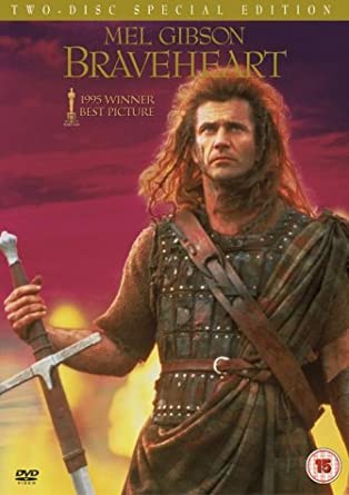 Cover of the DVD movie 'Braveheart' featuring a man in a kilt with a sword, against a pink and orange sky background.