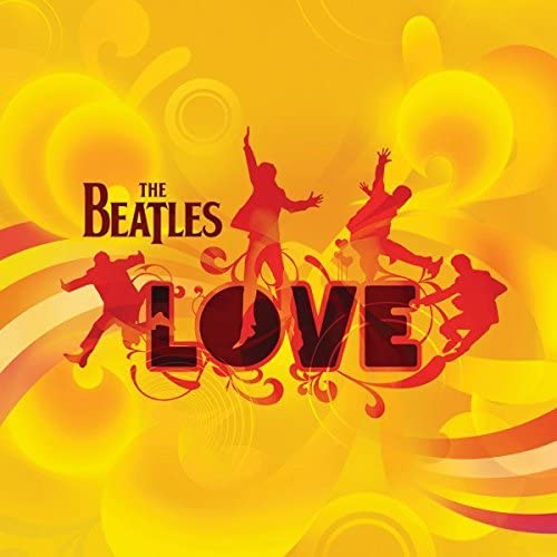 A CD cover featuring The Beatles branding with the title 'LOVE' in bold letters, set against a vibrant, abstract orange and yellow background with silhouettes of the band members.