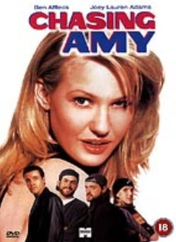 DVD cover for the movie 'Chasing Amy' featuring a close-up shot of a female character with a band, surrounded by images of the male members of the band. The title 'AMY' is prominently displayed at the top.