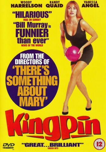 DVD cover for the movie 'Kingpin' featuring a woman in a black dress holding a pink bowling ball, with a yellow background and text detailing the movie title, release date, and quotes from the director and cast.