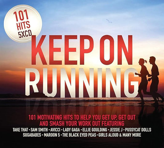 Album cover for 'Keep On Running' with silhouette of two runners on a beach at sunset.