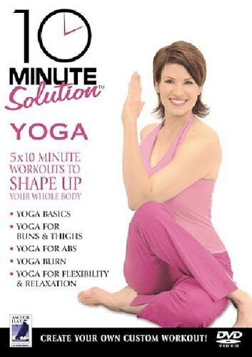 Cover of the DVD titled '10 Minute Solution Yoga' featuring a smiling woman in pink yoga pants, with text detailing the yoga workout routines and its benefits.