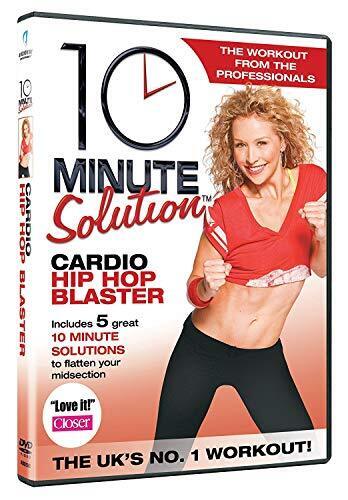 DVD cover for '10 Minute Solution Cardio Hip Hop Blaster' featuring a woman in a red top and black pants, posing with a dance move.