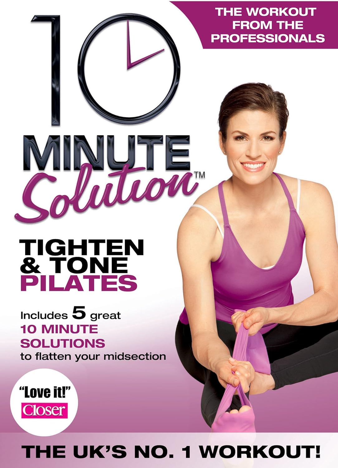 DVD cover for '10 Minute Solution Tighten And Tone Pilates' featuring a woman in purple workout attire, with the DVD player and title text visible.