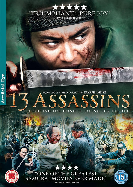 Movie poster for '13 Assassins' featuring a samurai with a sword and battle scene.