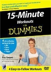 DVD cover for '15 Minute Workouts For Dummies' featuring a woman in a blue sweater and pants, holding a remote control, with text detailing the workout plan for various body parts.