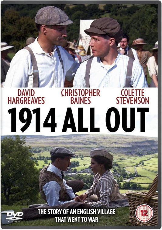 DVD cover for the film '1914 All Out' featuring cast names David Hargreaves, Christopher Baines, and Colette Stevenson, with scenes from an English village and a green valley landscape. A DVD logo and a 12 age rating mark are visible.