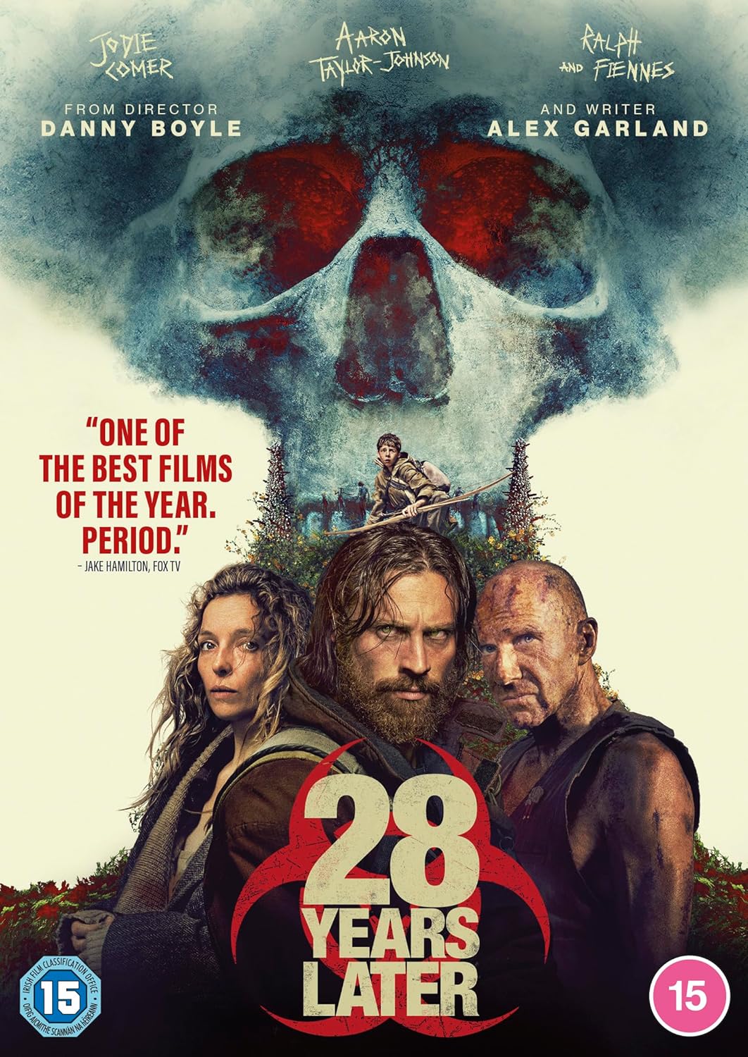 Movie poster for '28 Years Later' featuring a skull with sunglasses and three people.
