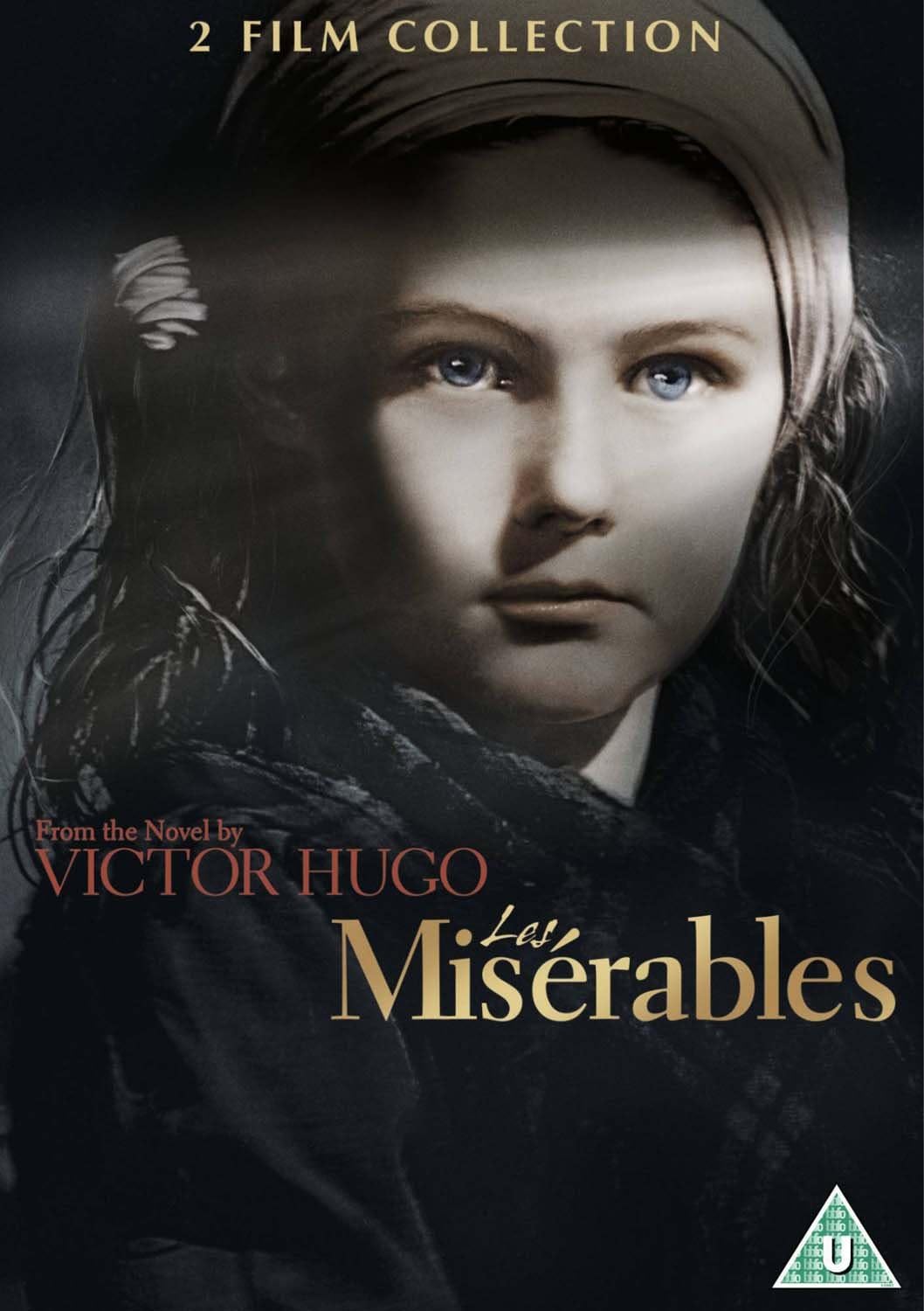 DVD cover for 'Les Miserables' featuring a black and white image of a young girl with a serious expression, indicating a dramatic scene likely from the movie.
