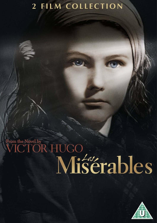 DVD cover for 'Les Miserables' featuring a black and white image of a young girl with a serious expression, indicating a dramatic scene likely from the movie.