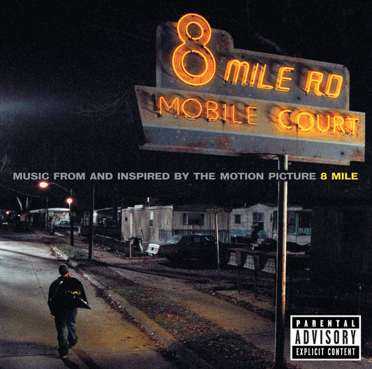 Album cover for '8 Mile' with a neon sign and person walking at night.