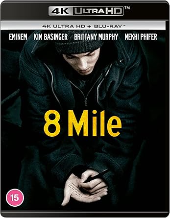 Blu-ray cover of '8 Mile' with a person in a hoodie and the movie title in yellow.