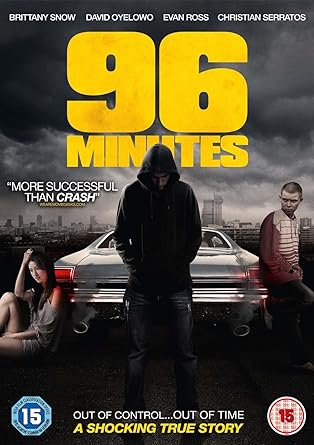 DVD cover for the movie '96 Minutes' featuring two characters, with a third in the background, all dressed in casual clothing against a cityscape and car background. The movie is labeled as a drama and a thriller.