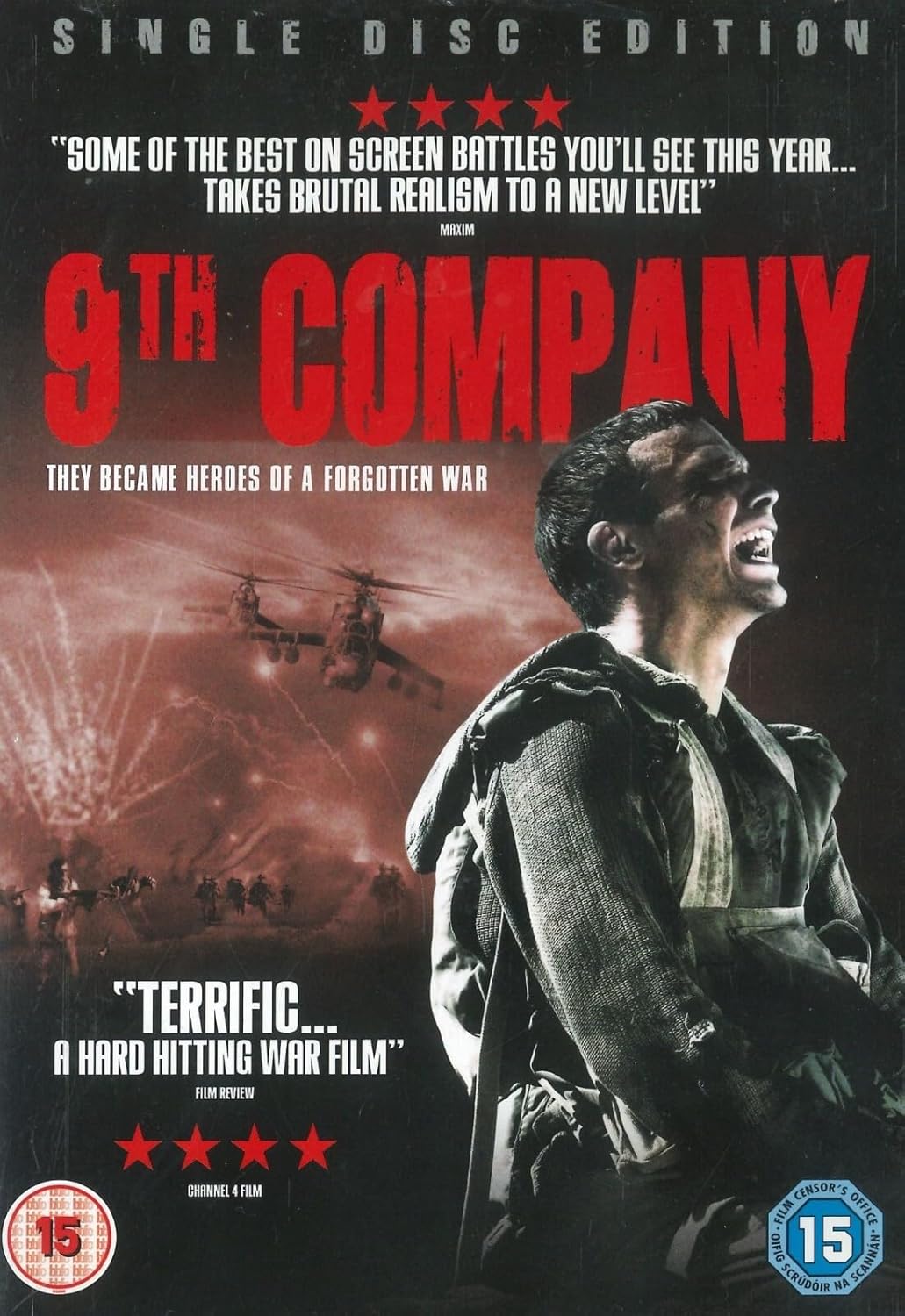 Single disc edition cover art for the film '9th Company', featuring a soldier in the foreground, helicopters in combat, and large red title text on a dark background.