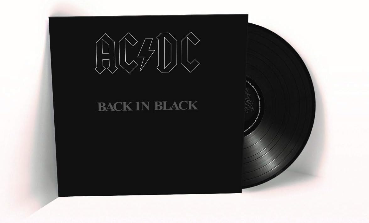 AC/DC 'Back In Black' vinyl record with album cover, showcasing a black record and a white band logo on the cover.