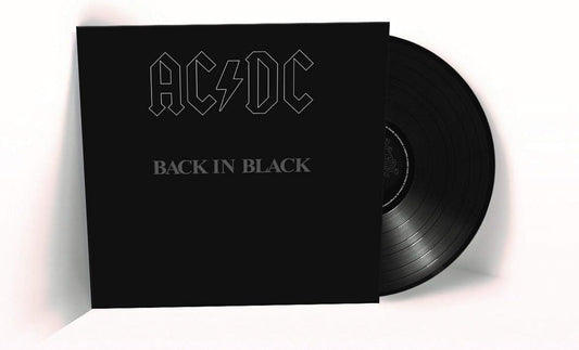 AC/DC 'Back In Black' vinyl record with album cover, showcasing a black record and a white band logo on the cover.