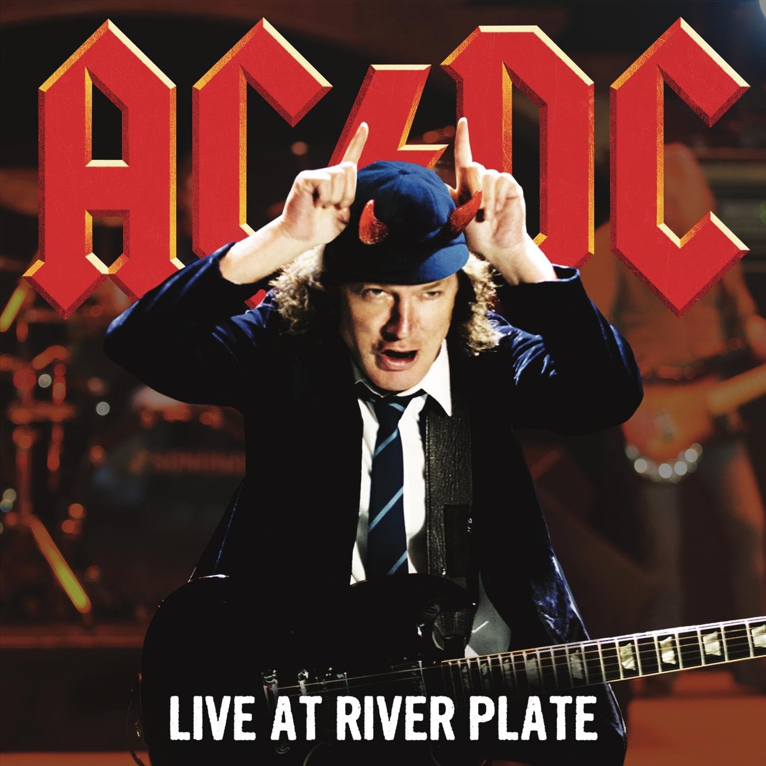 AC/DC Live at River Plate album cover featuring the band with a red backdrop, prominently displaying the band's logo.