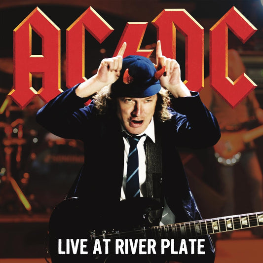 AC/DC Live at River Plate album cover featuring the band with a red backdrop, prominently displaying the band's logo.