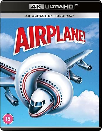 Blu-ray cover of 'Airplane!' movie with airplane graphic and 4K Ultra HD branding.