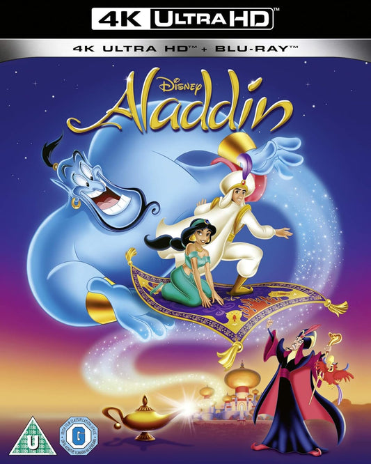 4K Ultra HD Blu-ray cover of Disney's Aladdin featuring animated characters.