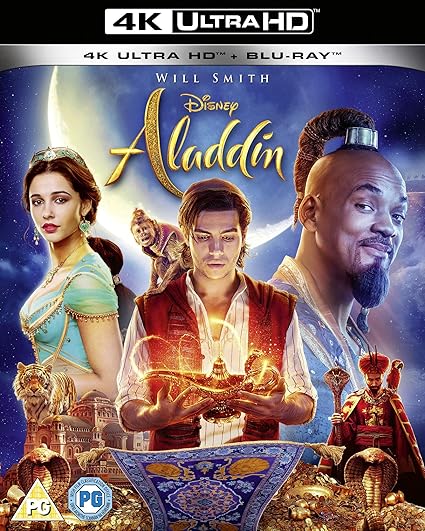 4K Ultra HD Blu-ray cover of Disney's Aladdin featuring Will Smith, Jasmine, and other characters.