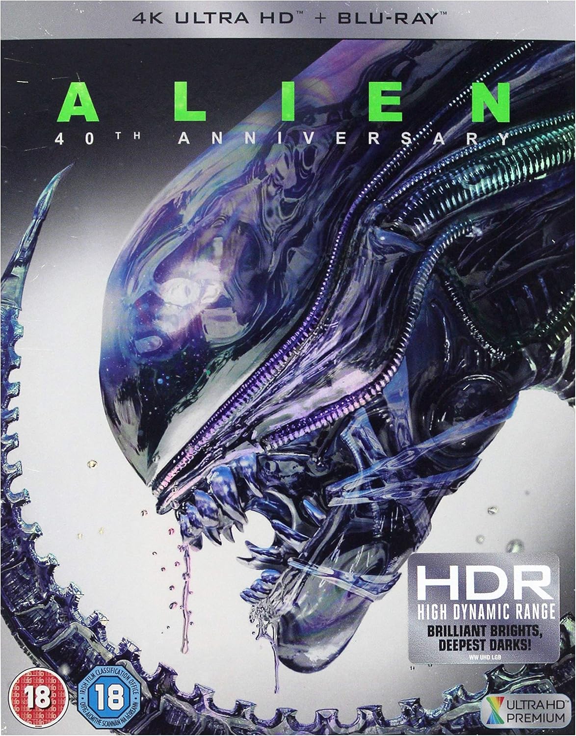 Blu-ray cover of 'Alien' 40th Anniversary edition with high dynamic range text.