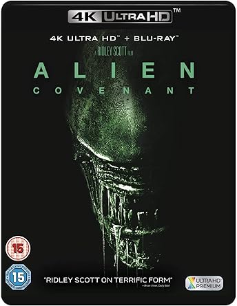 4K Ultra HD and Blu-ray cover of 'Alien Covenant' with a dark background and green text.