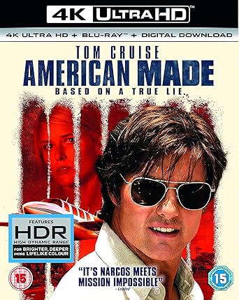 Movie poster for 'American Made' featuring Tom Cruise with text about 4K Ultra HD, Blu-ray, digital download, and HDR.