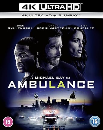 Blu-ray cover of the movie 'Ambulance' featuring three actors and a cityscape with emergency vehicles.