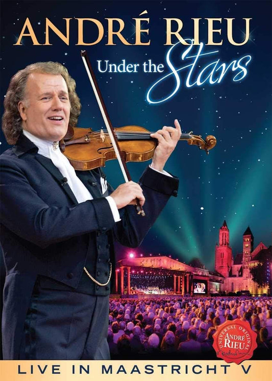 André Rieu performing with a violin against a night sky with stars and a cityscape.