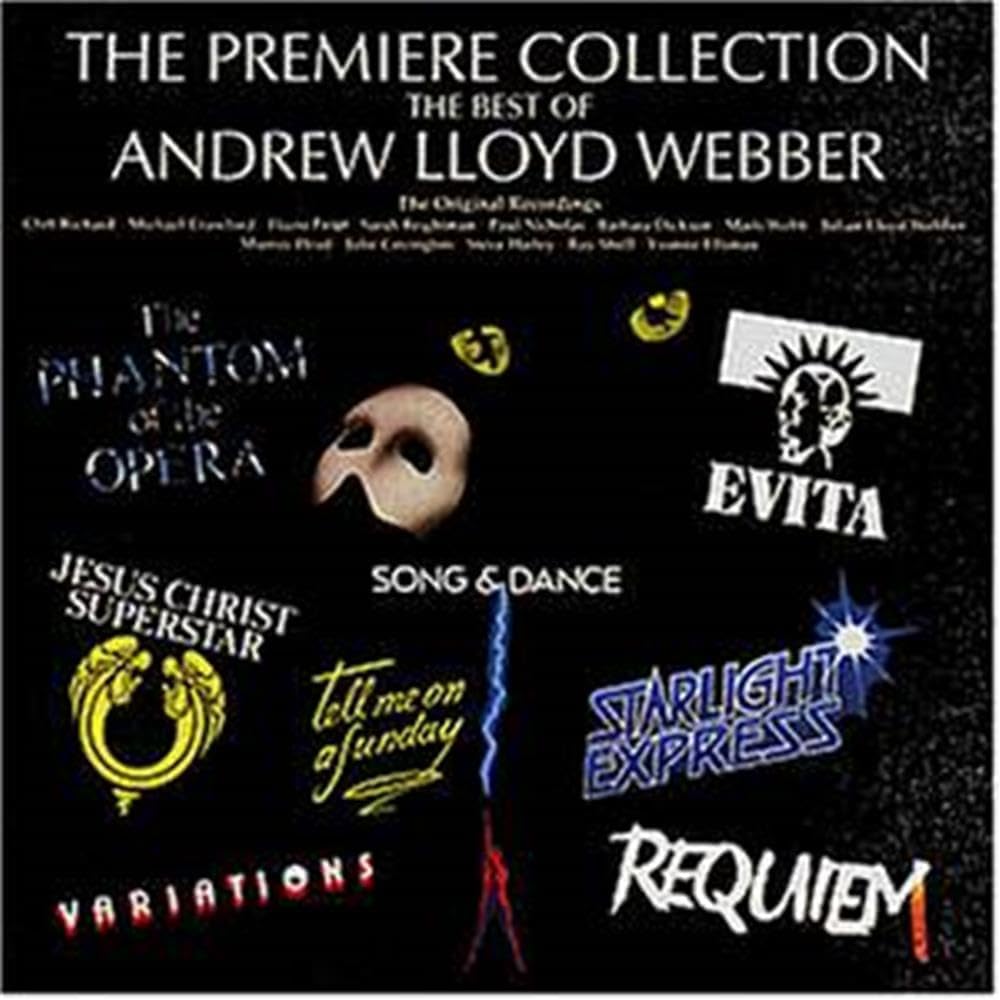 Album cover for 'The Premiere Collection: The Best of Andrew Lloyd Webber' with logos and titles of his works.