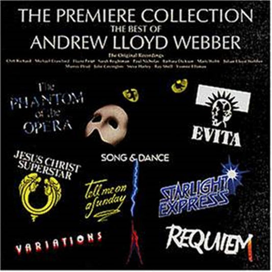 Album cover for 'The Premiere Collection: The Best of Andrew Lloyd Webber' with logos and titles of his works.