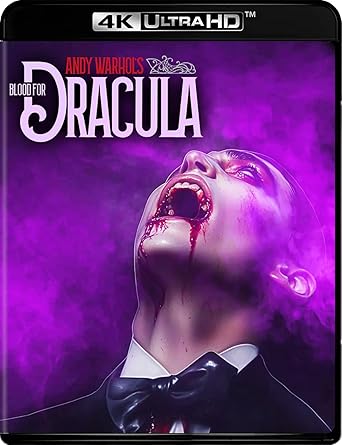 4K Ultra HD Blu-ray cover of 'Blood for Dracula' with a character in a suit and bow tie on a purple background.