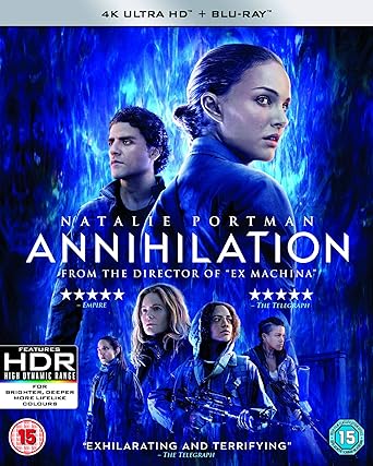 Movie poster for 'Annihilation' featuring Natalie Portman and others with a blue and dark background.