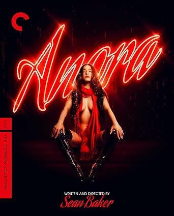 Movie poster for 'Amora' with a woman in a red dress and high boots against a dark background with neon text.