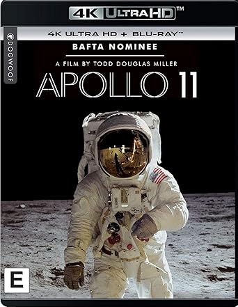 Blu-ray cover of 'Apollo 11' with an astronaut on the moon, featuring 4K Ultra HD and BAFTA nominee text.