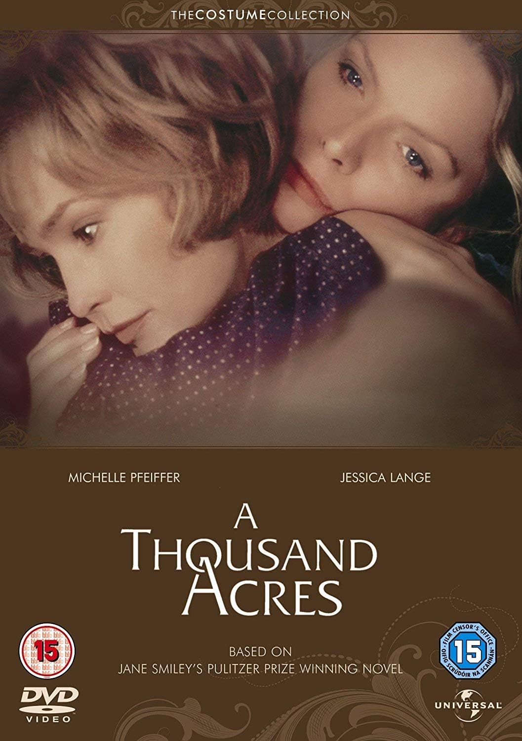 DVD cover for 'A Thousand Acres' from The Costume Collection, featuring Michelle Pfeiffer and Jessica Lange in a sepia-toned close-up portrait, with the title in large white text on a dark brown background and DVD/Universal logos at the bottom.