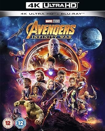Marvel's Avengers Infinity War movie poster with characters and 4K Ultra HD branding.