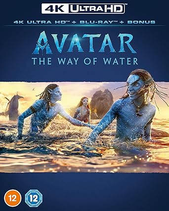 Blu-ray cover of 'Avatar: The Way of Water' with characters in water and 4K Ultra HD branding.