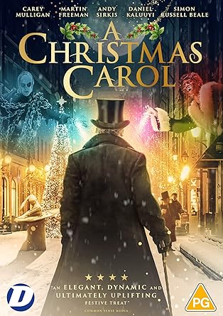 Movie poster for 'A Christmas Carol' with characters and festive elements.