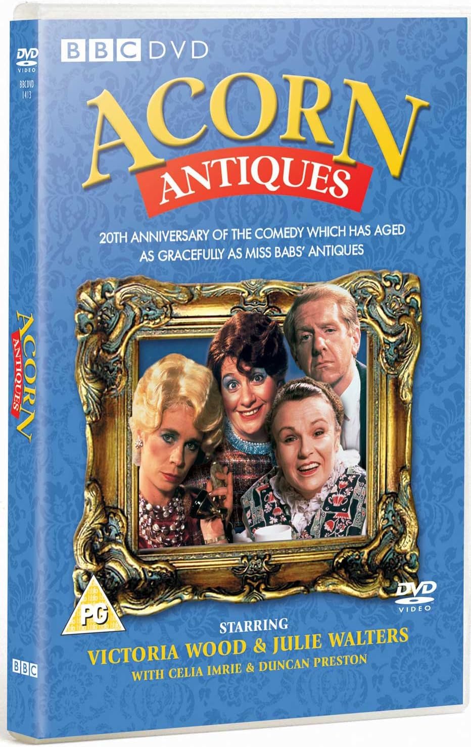 DVD cover of 'Acorn Antiques' with a blue background and framed photo of four people.