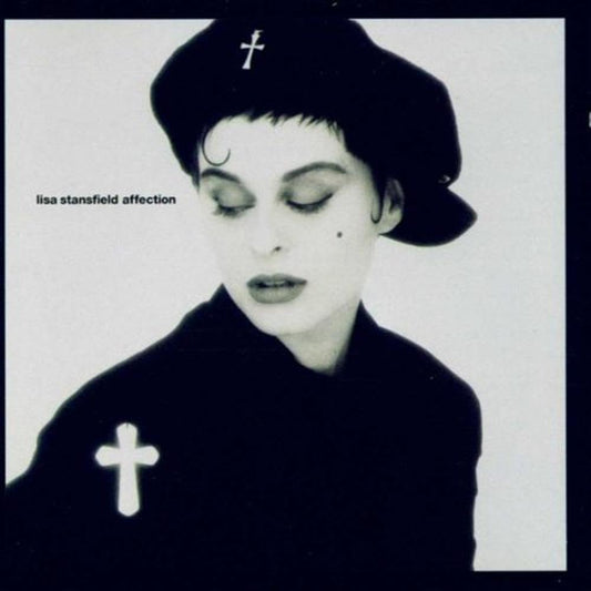 Black and white album cover with a person wearing a beret and cross accessories, featuring the text 'lisa stansfield affection'.