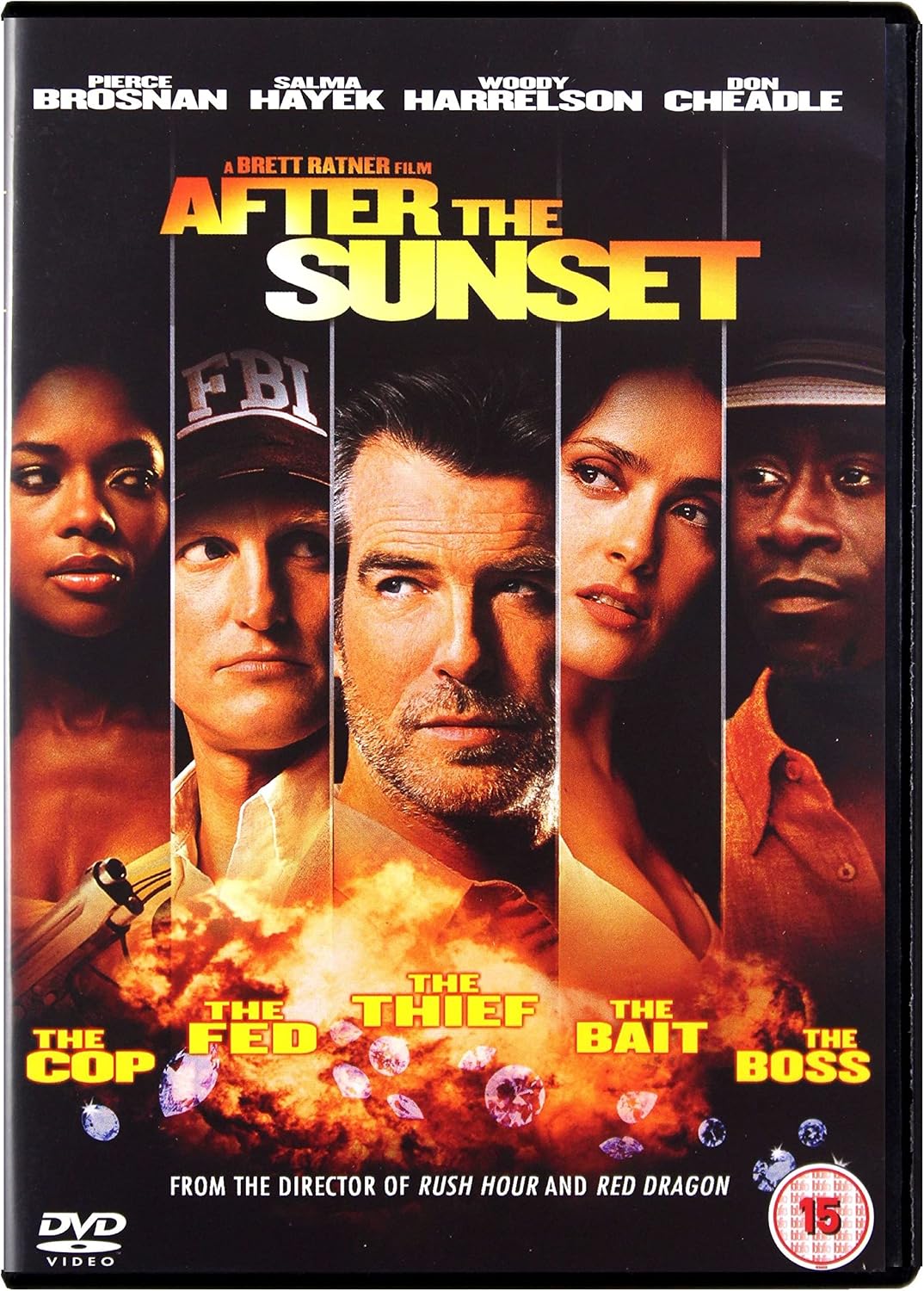 DVD cover for the movie 'After the Sunset' featuring portraits of cast members Pierce Brosnan, Salma Hayek, Woody Harrelson, and Don Cheadle above a fiery explosion scene with the titles of five films listed below.