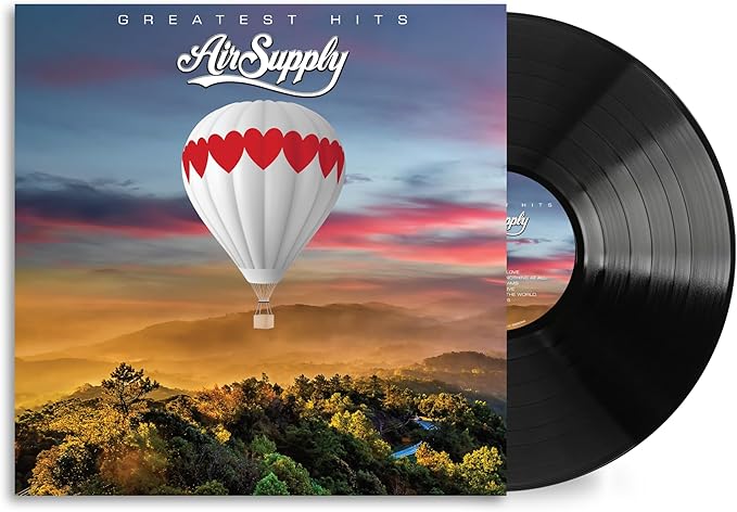 Vinyl record with a hot air balloon design on the cover, featuring the title 'Greatest Hits' and the band name 'AirSupply'.